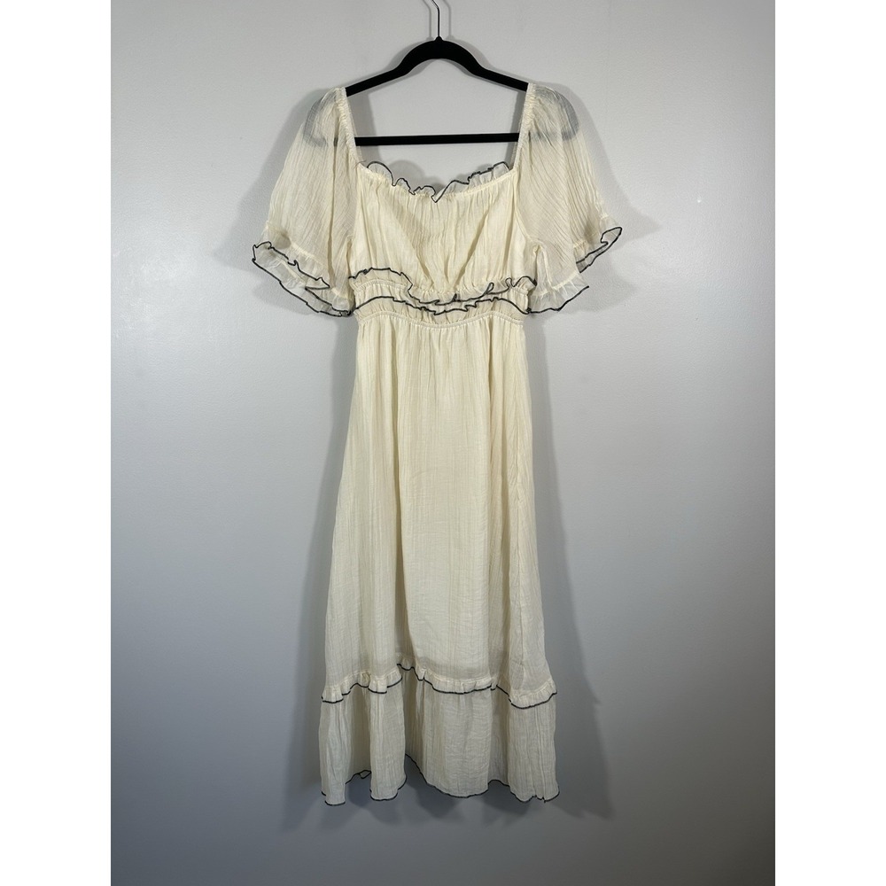 Peasant Dress Womens M Cream Contrast Stitching Square Neck Cottage Boho Midi
